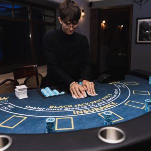 Blackjack Table – Premium Felt, High Stitched Rail with Cup Holders, Wooden Legs